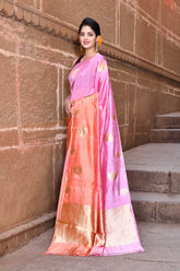 Peach - Lilac Pink Pure Katan Silk Banarasi Handloom Saree